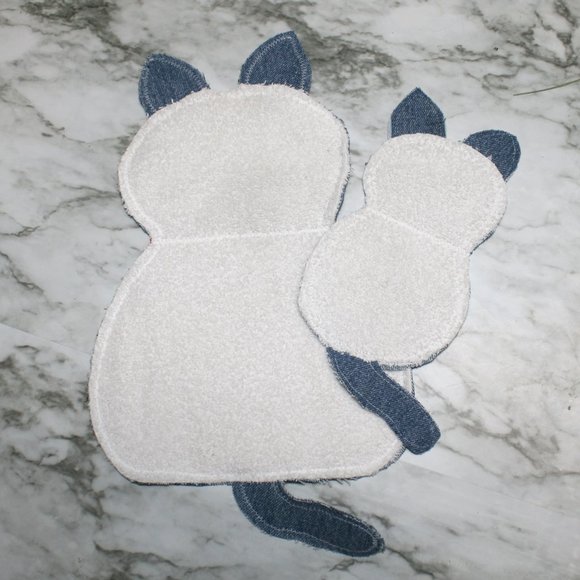 HAND CRAFTED Mop Cat Kitten Set Terry Cloth Towel Upcyled Blue Denim Jeans - Picture 5 of 12